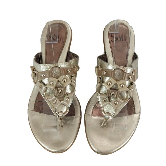 SOFFT! GOLDEN GENUINE LEATHER W/GOLD CHAINMAIL FRONT STACKED HEELS! SZ 6M - Picture 4 of 12